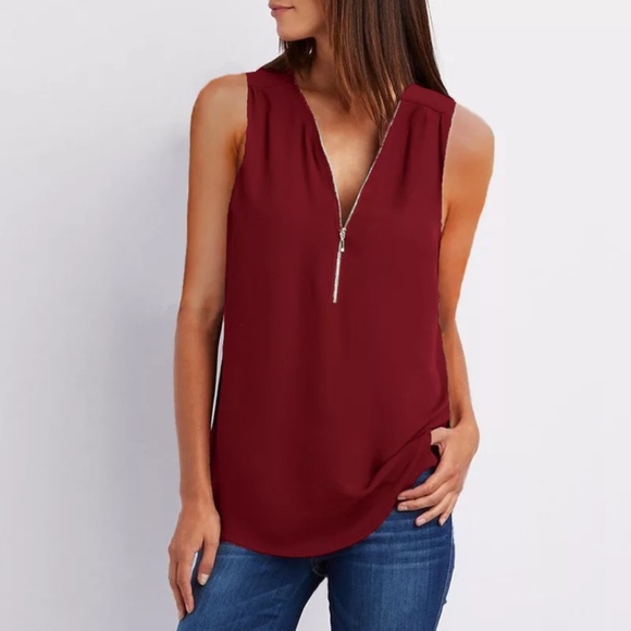 fashion designs Tops - BURGUNDY ZIP FRONT SLEEVELESS BLOUSE
